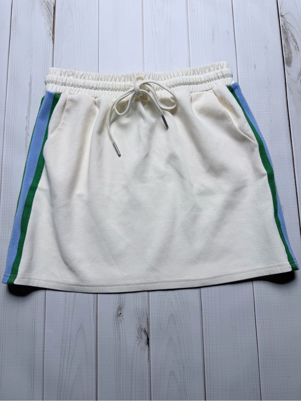 entro Cream Mini Skirt with Blue and Green Side Stripes